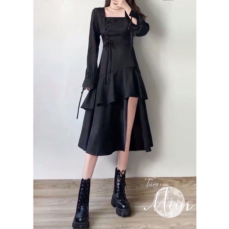Đầm xẻ tà thắt dây phối tầng