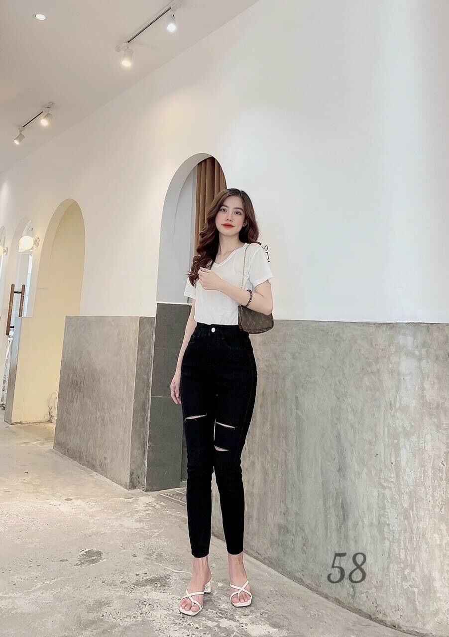 Jeans dài lưng cao co giãn rách