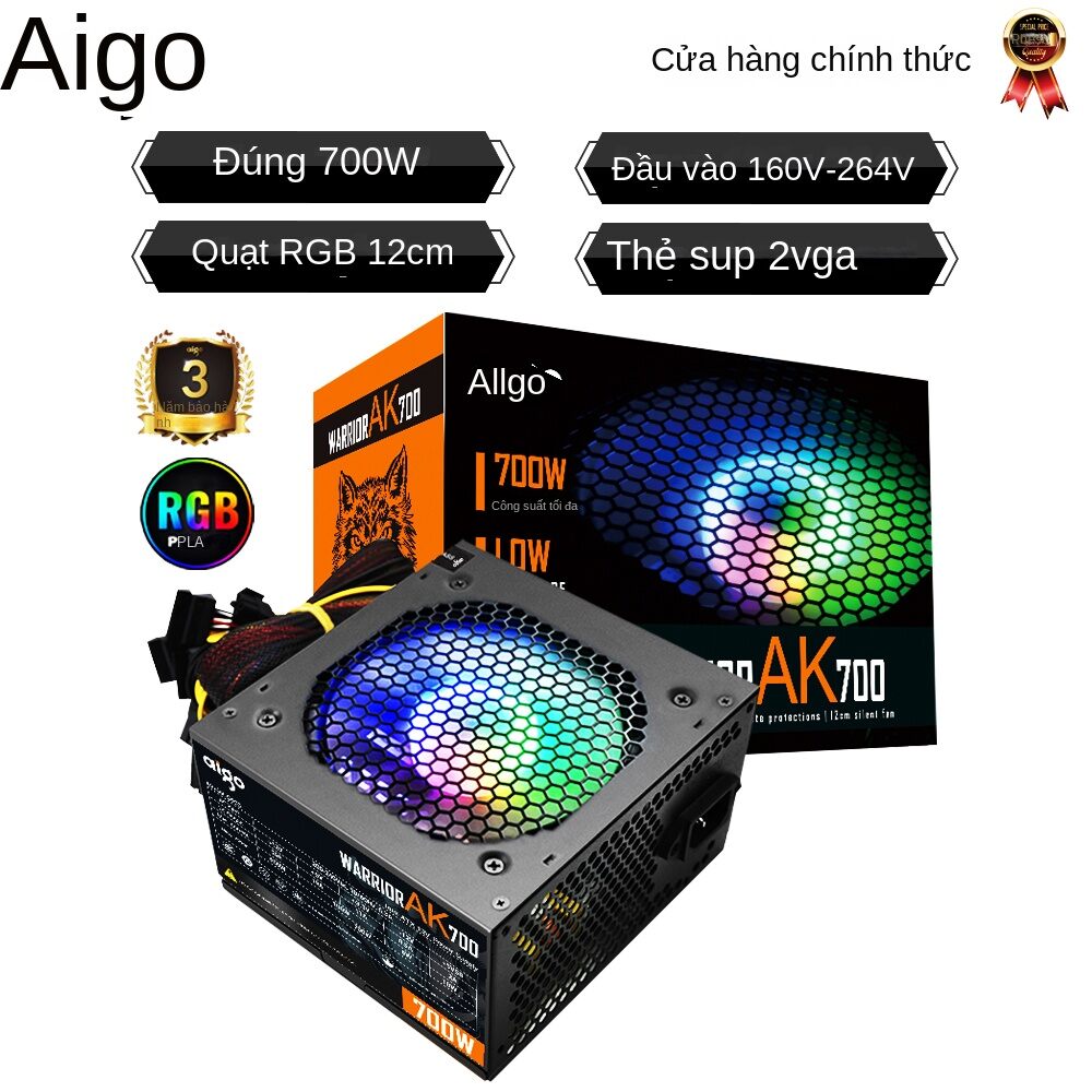 Aigo ak 700w rgb nguồn máy tính đen chơi game êm quạt 120mm 24pin 12v atx máy tính để bàn nguồn điện cho btc