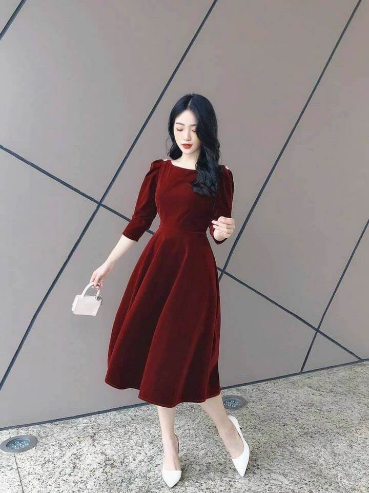 Váy nhung cho nữ dáng xòe cực đẹp