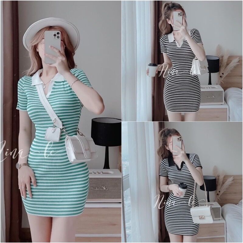 Đầm body cổ trụ sọc ngang xinh xắn SV0