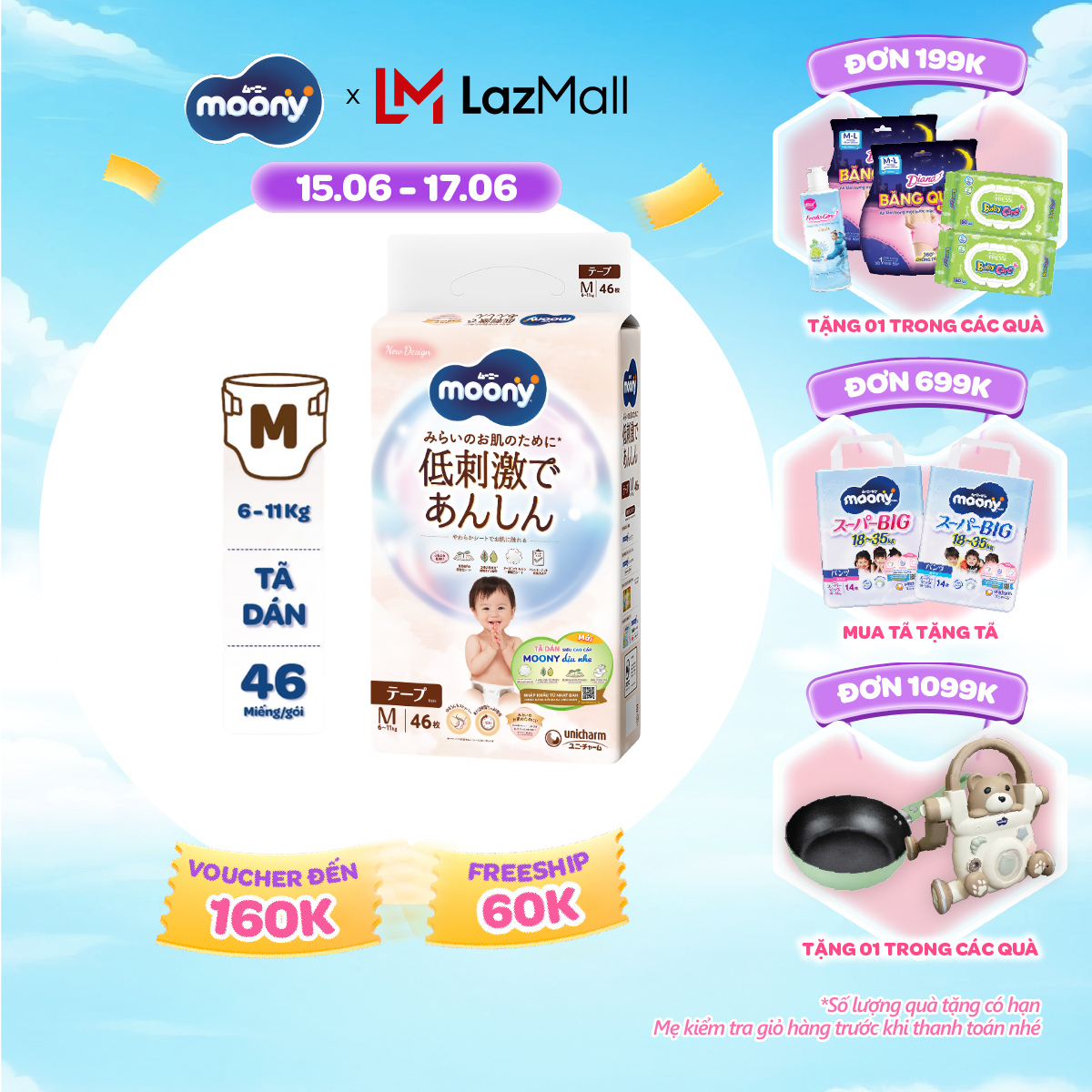 [SALE GIỮA THÁNG tặng QUÀ TO-SLCH] Tã dán Moony Dịu Nhẹ siêu cao cấp M46 miếng - Nhập khẩu từ Nhật Bản