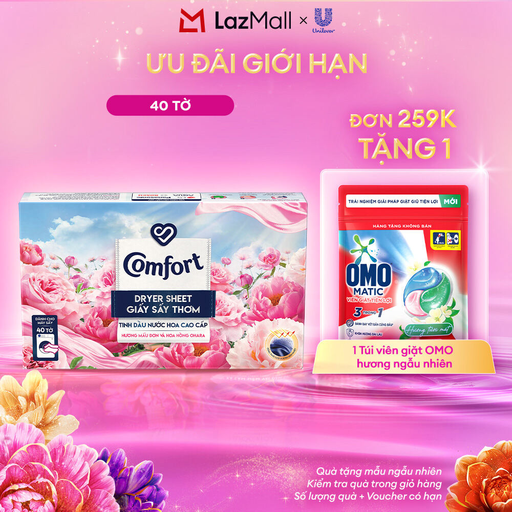Giấy Thơm Comfort Hương Mẫu Đơn Và Hoa Hồng Ohara 40 tờ, Dành Cho Máy Sấy Quần Áo, Tủ Quần Áo