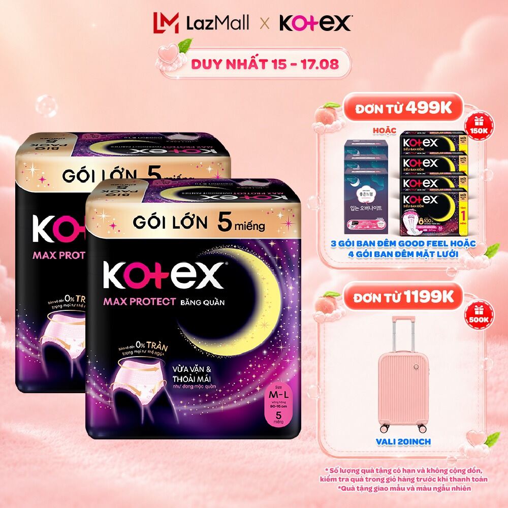 Combo 2 Băng Vệ Sinh Kotex Ban Đêm Dạng Quần cỡ M/L 5 miếng, M/L 2 miếng, L/XL 2 miếng