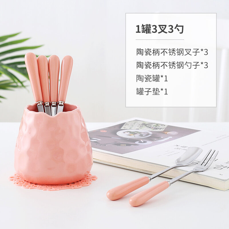 Bộ thìa nĩa trái cây inox gốm sứ sáng tạo bộ thìa dĩa dĩa trái cây dễ thương dĩa dĩa tráng miệng dĩa
