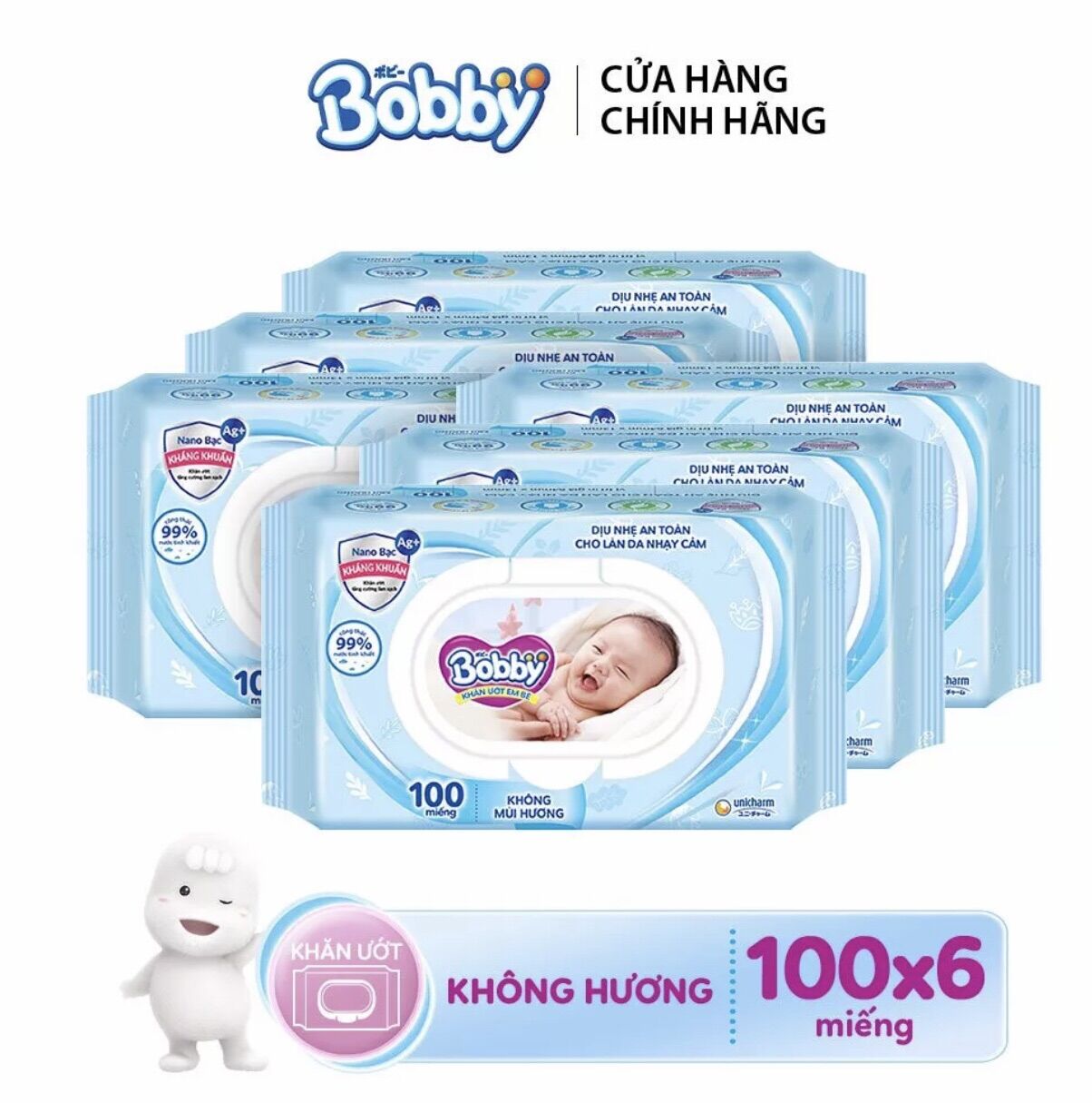 Khăn giấy ướt Bobby 100 miếng không mùi màu