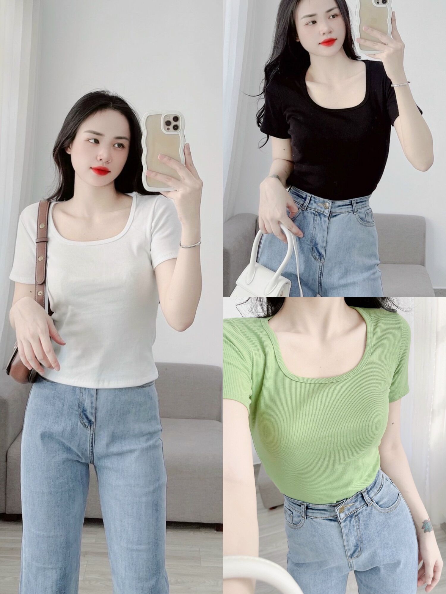Áo thun body nữ tay ngắn cổ U gân Quảng Châu