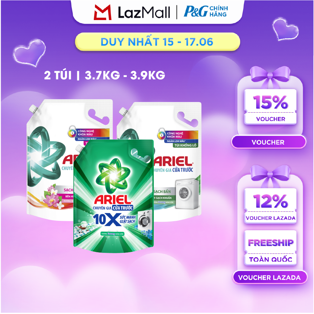 Combo 2 Nước Giặt Cửa Trước ARIEL Ngăn Lem Màu, Quần Áo Siêu Thơm Hương Downy Nắng Sớm/ Hương Sen Nhài/ Oải Hương Túi 3.9KG/ 3.7KG