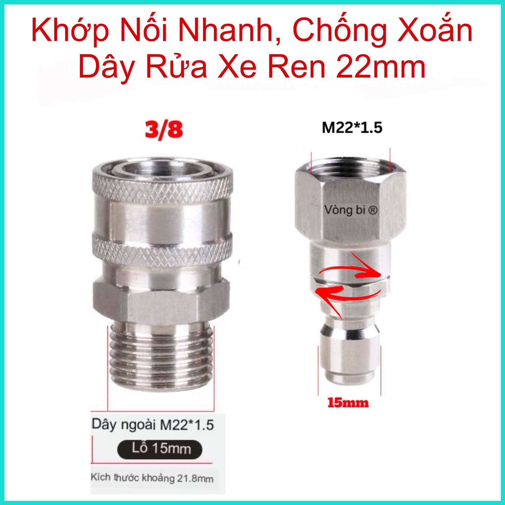 Khớp nối nhanh, chống xoắn dây rửa xe inox 3/8 ren 22mm