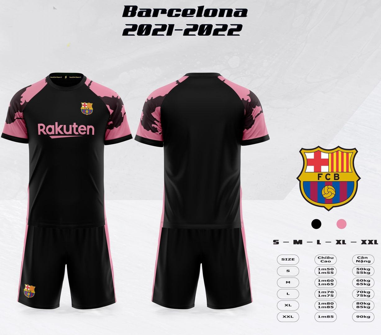 Quần áo đá banh barcelona đen hồng 2022 - có in tên số