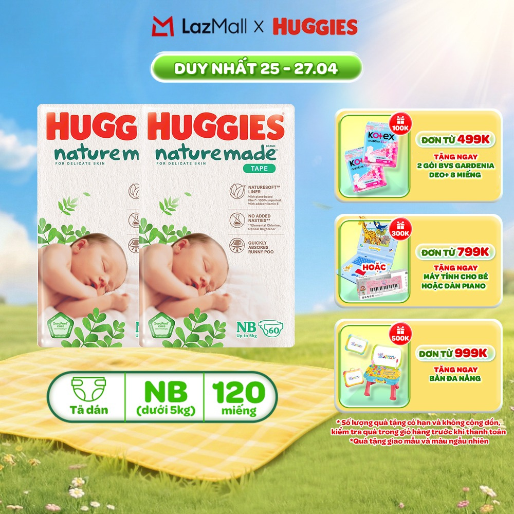 Combo 2 Tã/Bỉm dán sơ sinh Huggies NatureMade NB60 (dưới 5kg)-Gói Jumbo 60 miếng