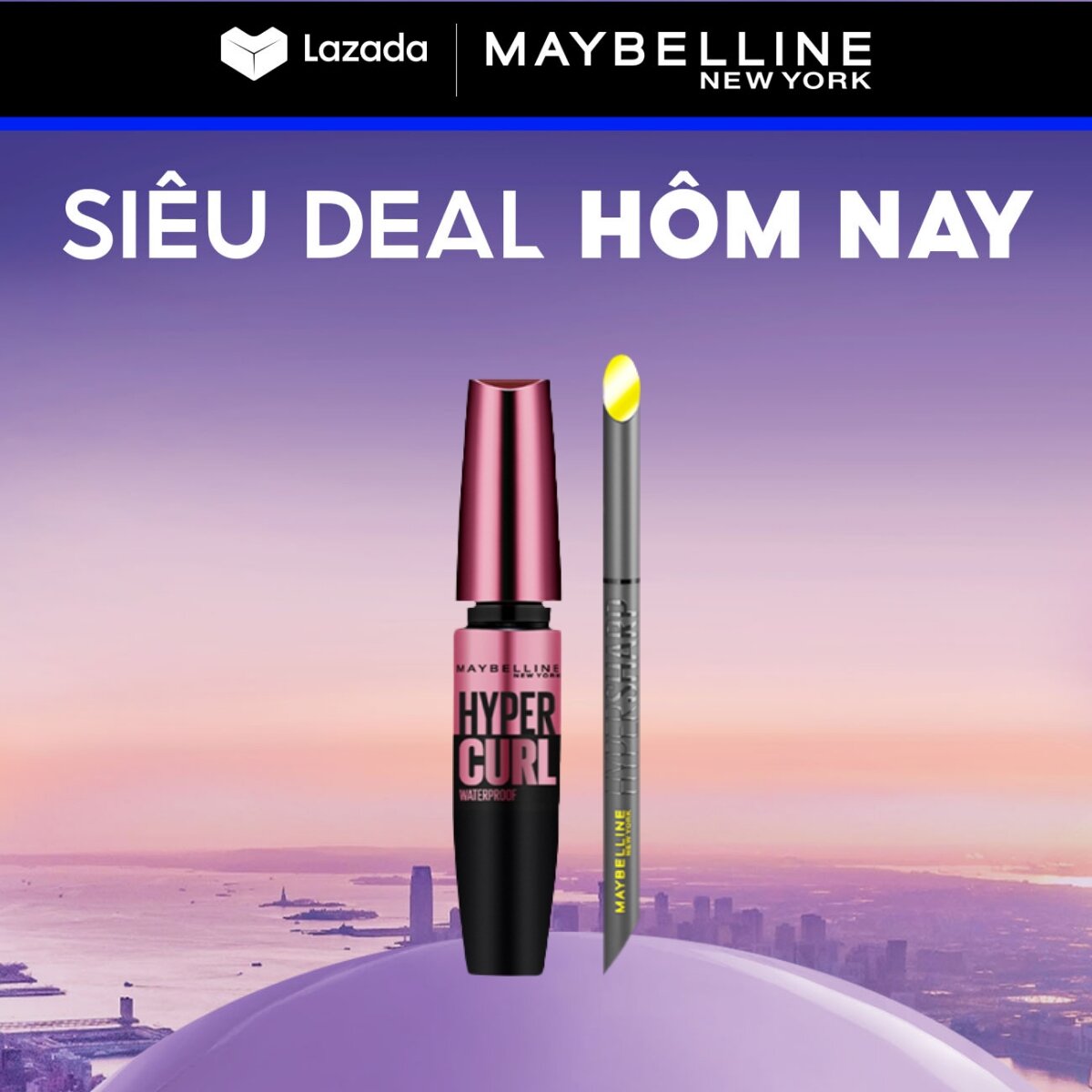 Bộ trang điểm Bút kẻ mắt nước siêu sắc mảnh không lem, trôi Hyper Sharp, Mascara Dài Mi và Cong Mi Hyper Curl Maybelline New York