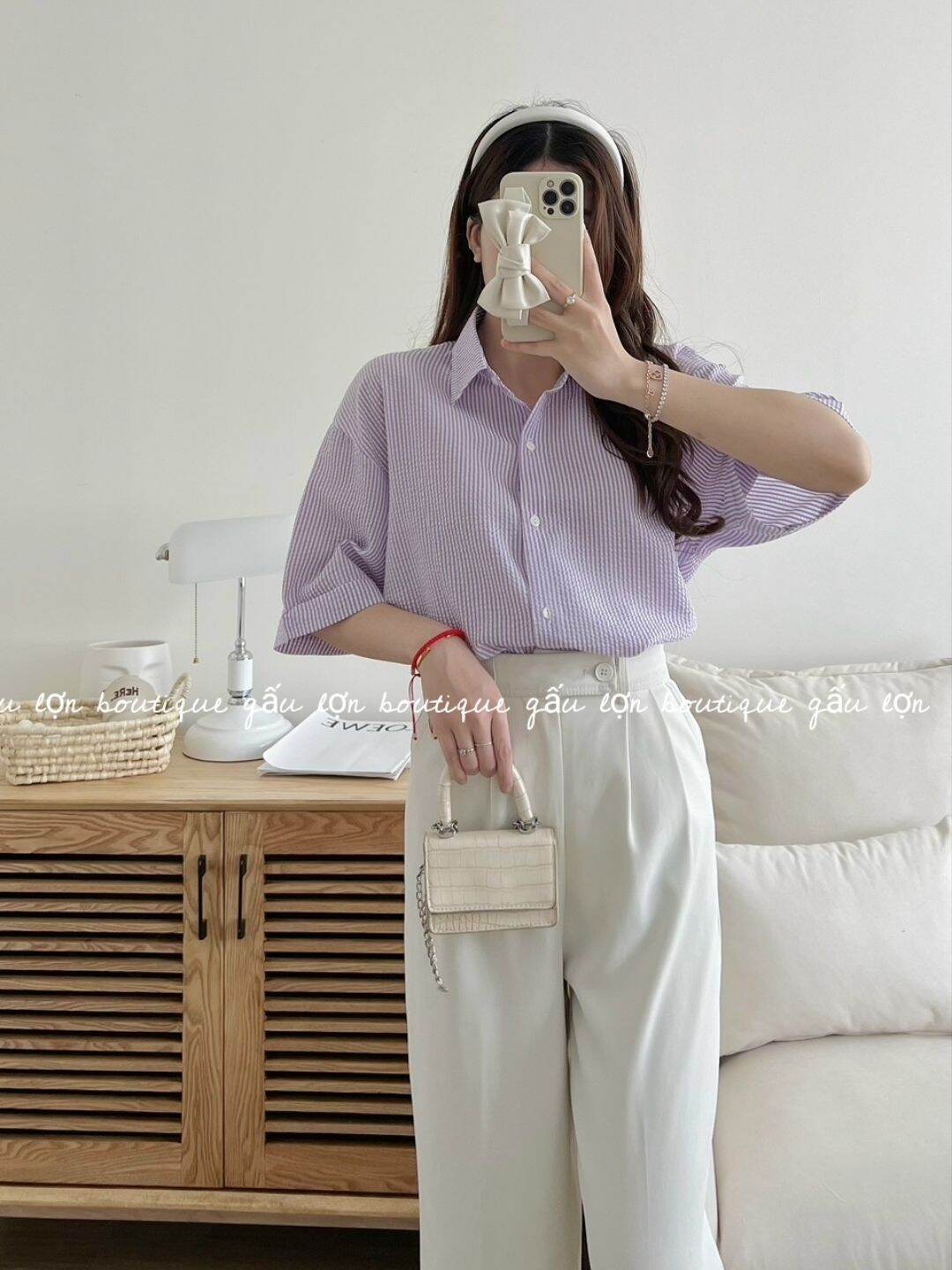 áo sơ mi kẻ sọc dáng rộng chất xốp