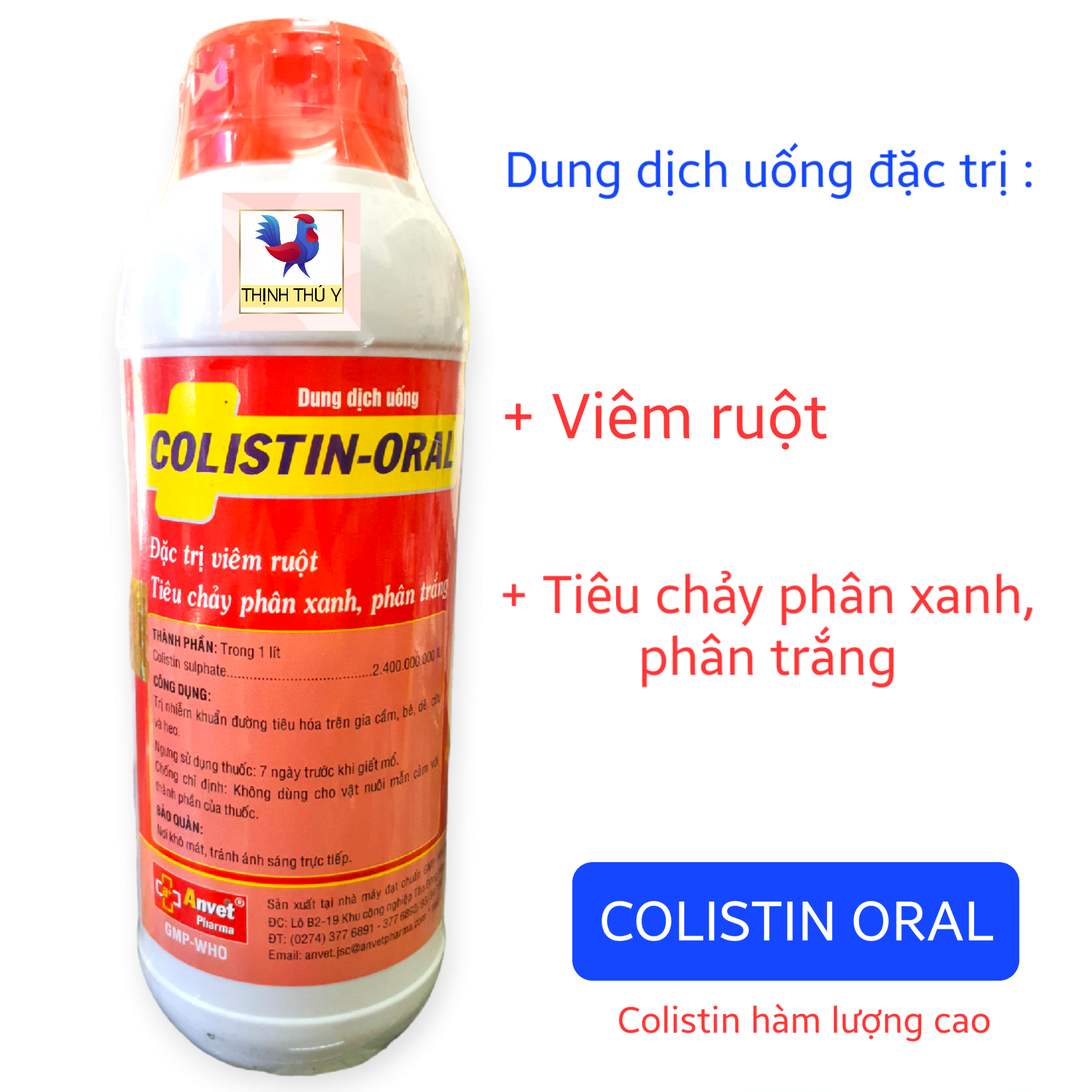 COLISTIN ORAL (Bình 1 lít) - Colistin hàm lượng cao. Đặc tr.i viêm ruột, tiêu chảy phân xanh, phân trắng cho gà đá, vật nuôi (Date 2026)