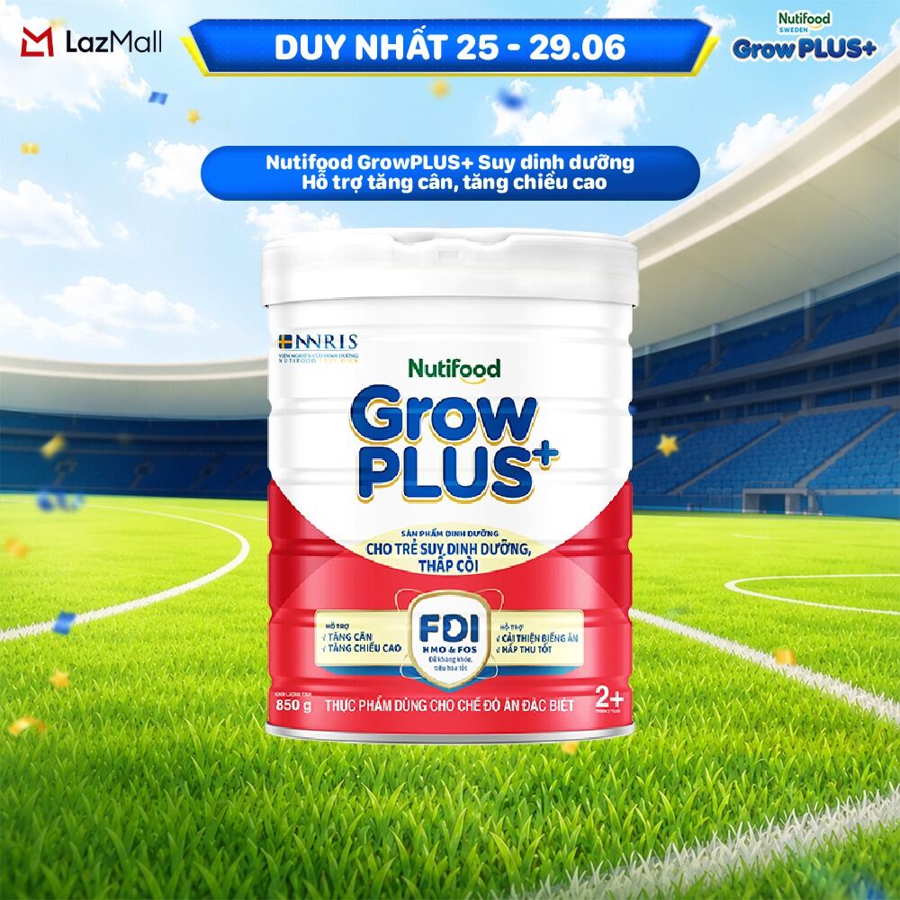 Sữa bột Nutifood GrowPLUS+ Suy Dinh Dưỡng (Đỏ) 2+ - Tăng Cân, Tăng Chiều Cao (Lon 850G)