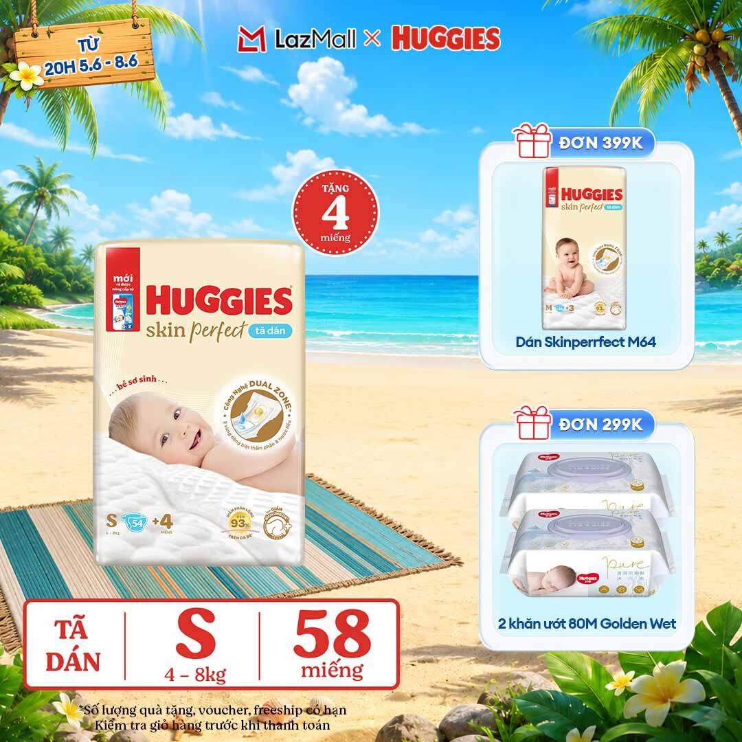 [CHỈ 9-10.6 QUÀ TẶNG ĐƠN 0Đ]  Tã/bỉm dán sơ sinh Huggies Skin Perfect S 54 miếng với 2 vùng thấm giảm kích ứng da