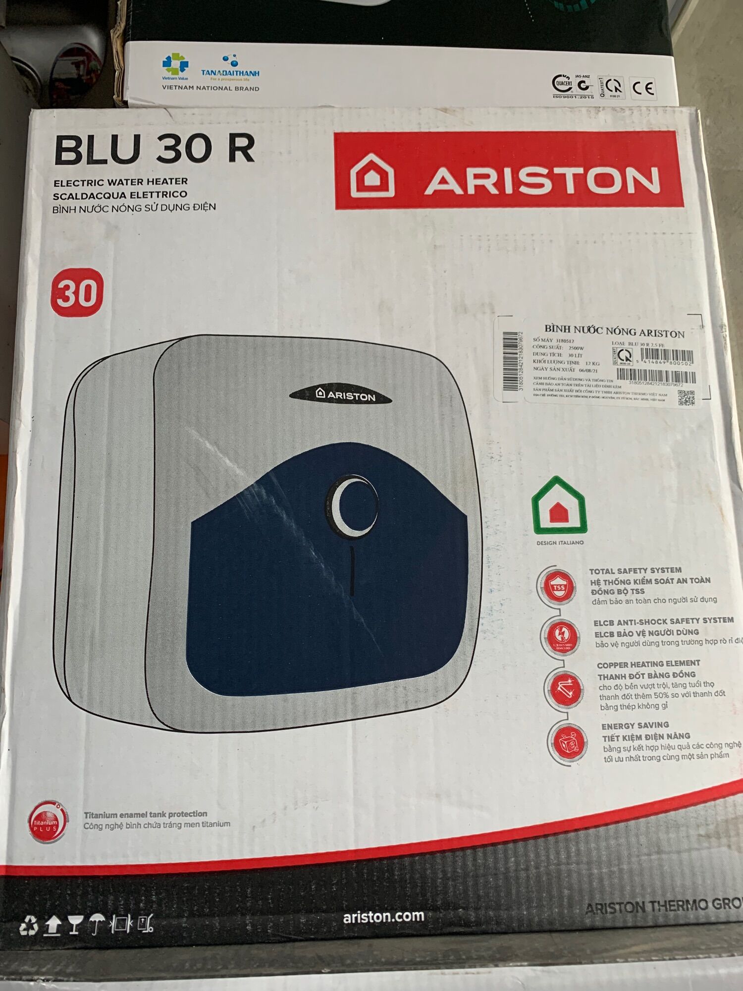 Bình nóng lạnh Ariston 30L vuông Blu30R