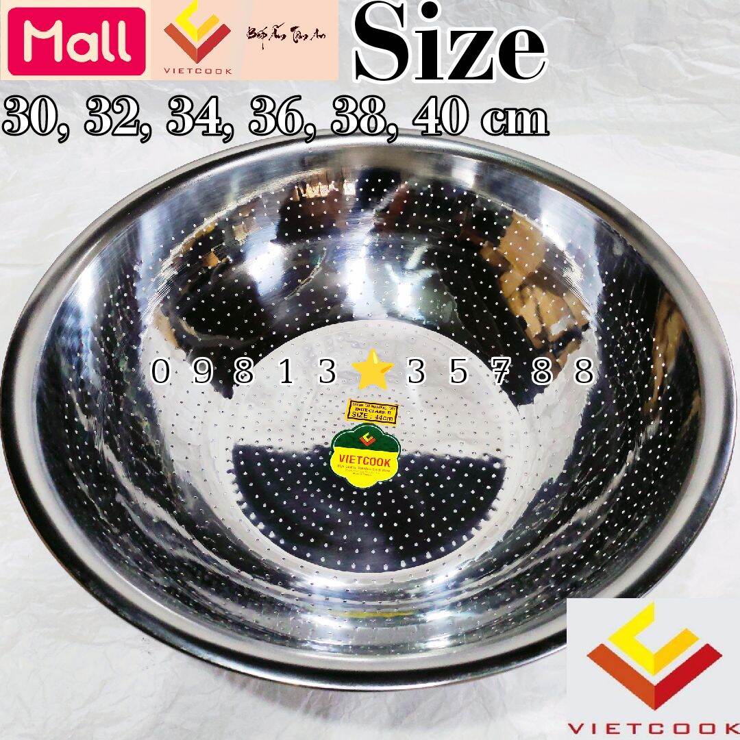 Rá inox size 30, 32, 34, 36, 38, 40 cm vietcook loại dầy, rổ inox vo gạo inox size to cao cấp