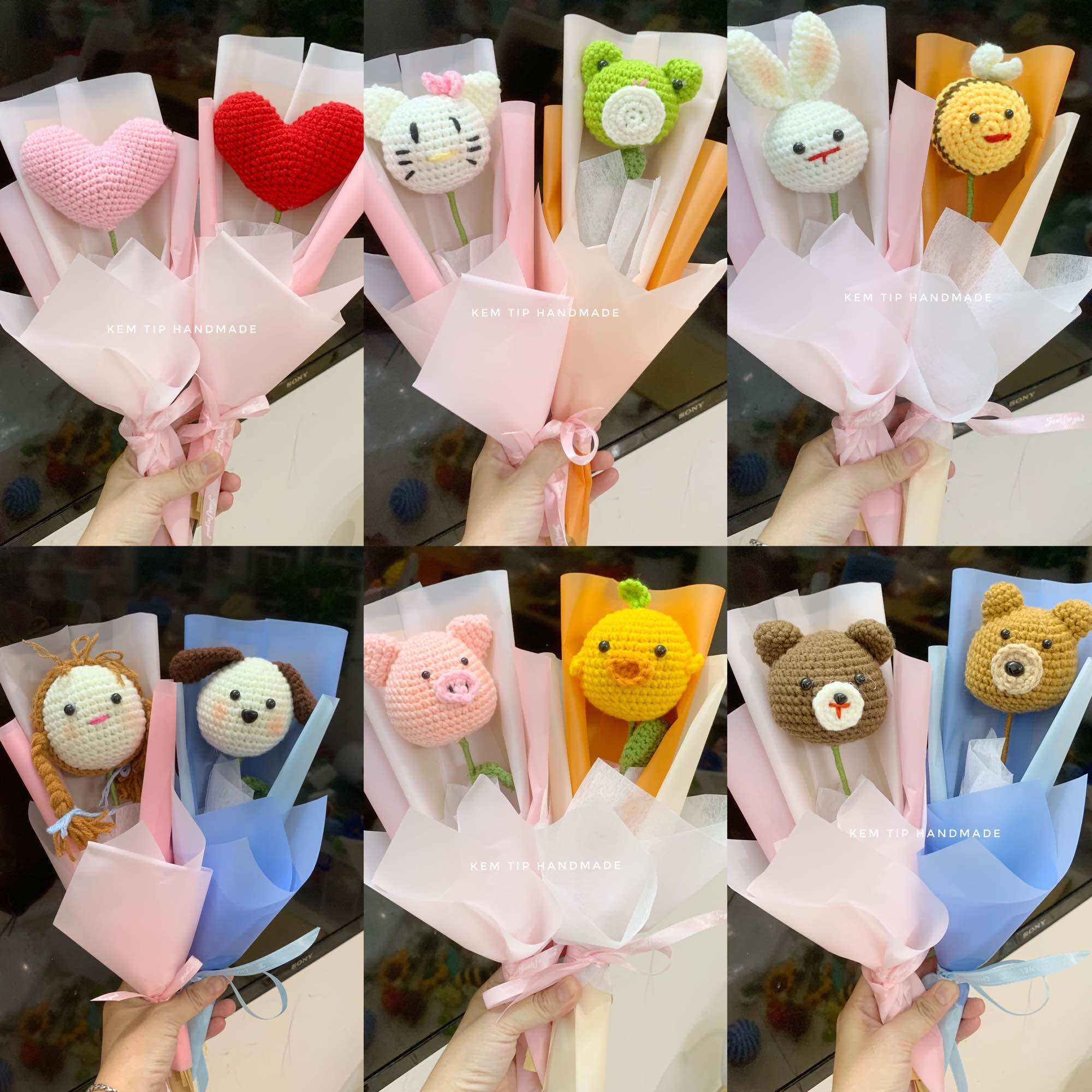 Hoa gà, lợn bằng len móc tay handmade