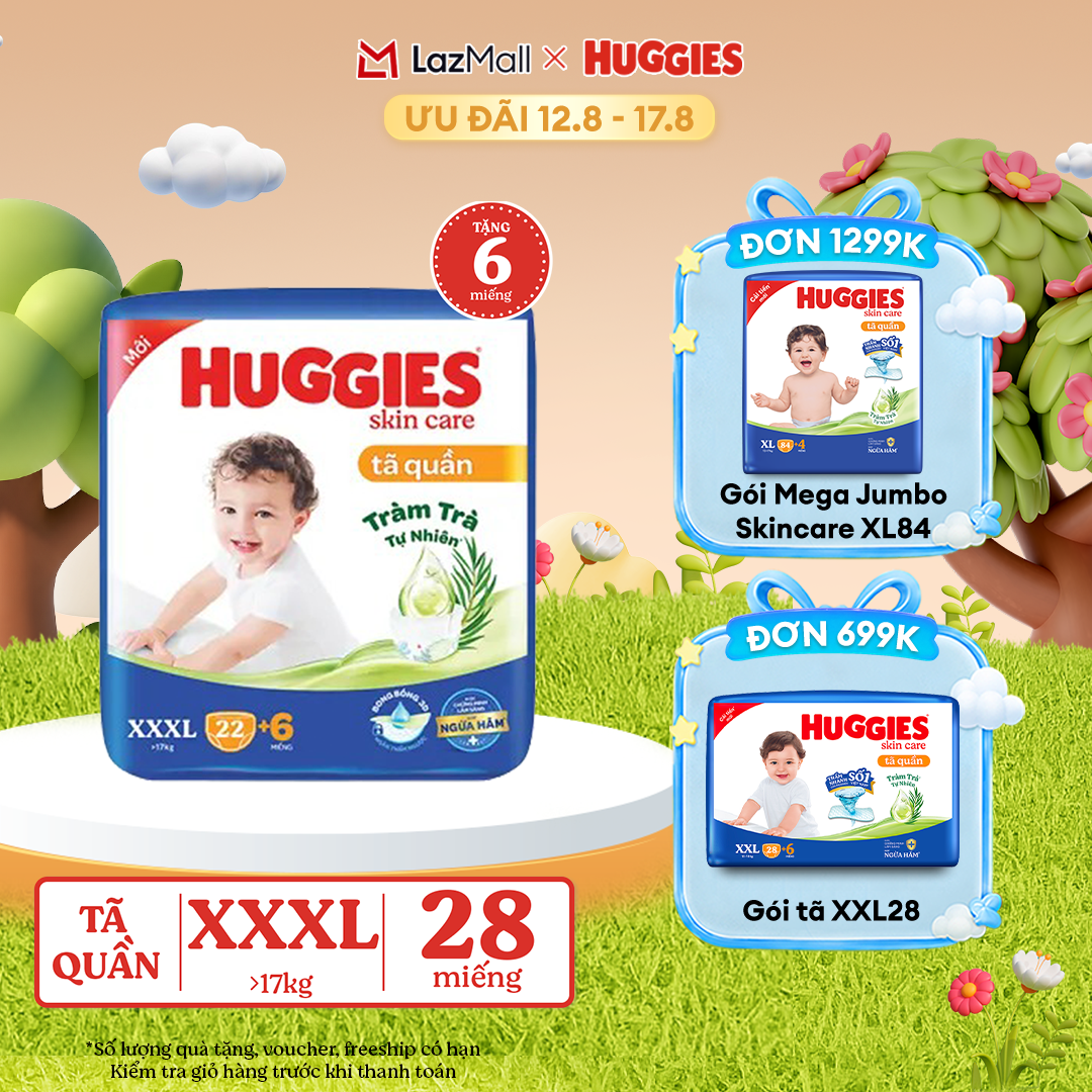 [12-17.08 GIẢM THÊM 90K] [Tặng 6 miếng] Tã/bỉm quần Huggies Skin Care Super Jumbo XXXL22+6 miếng với tràm trà dịu da