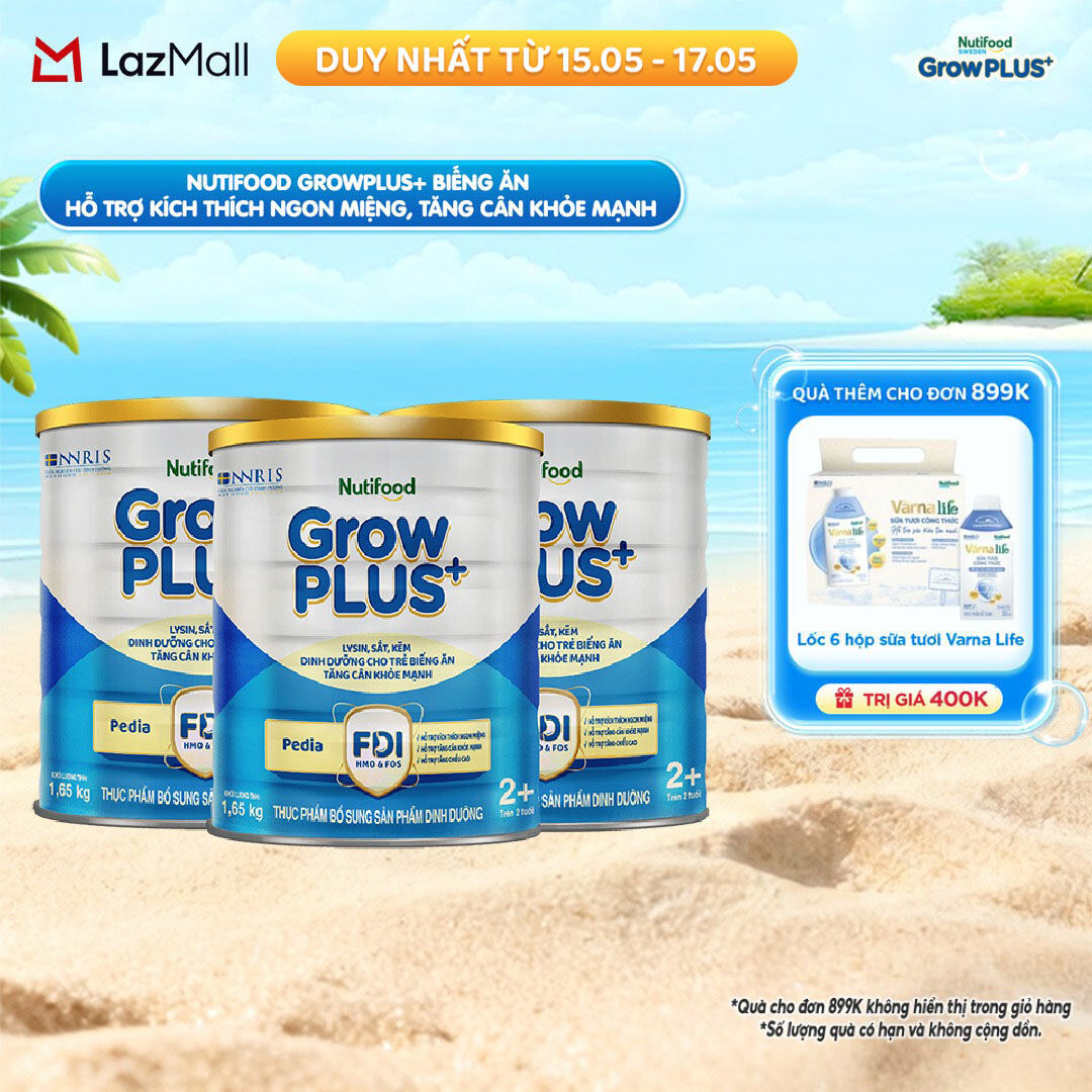 Combo 3 Sữa Bột Nutifood GrowPLUS+ Biếng Ăn (Xanh) 2+ - Hỗ Trợ Kích Thích Ngon Miệng, Tăng Cân Khỏe Mạnh (3 Lon 1,65 Kg)