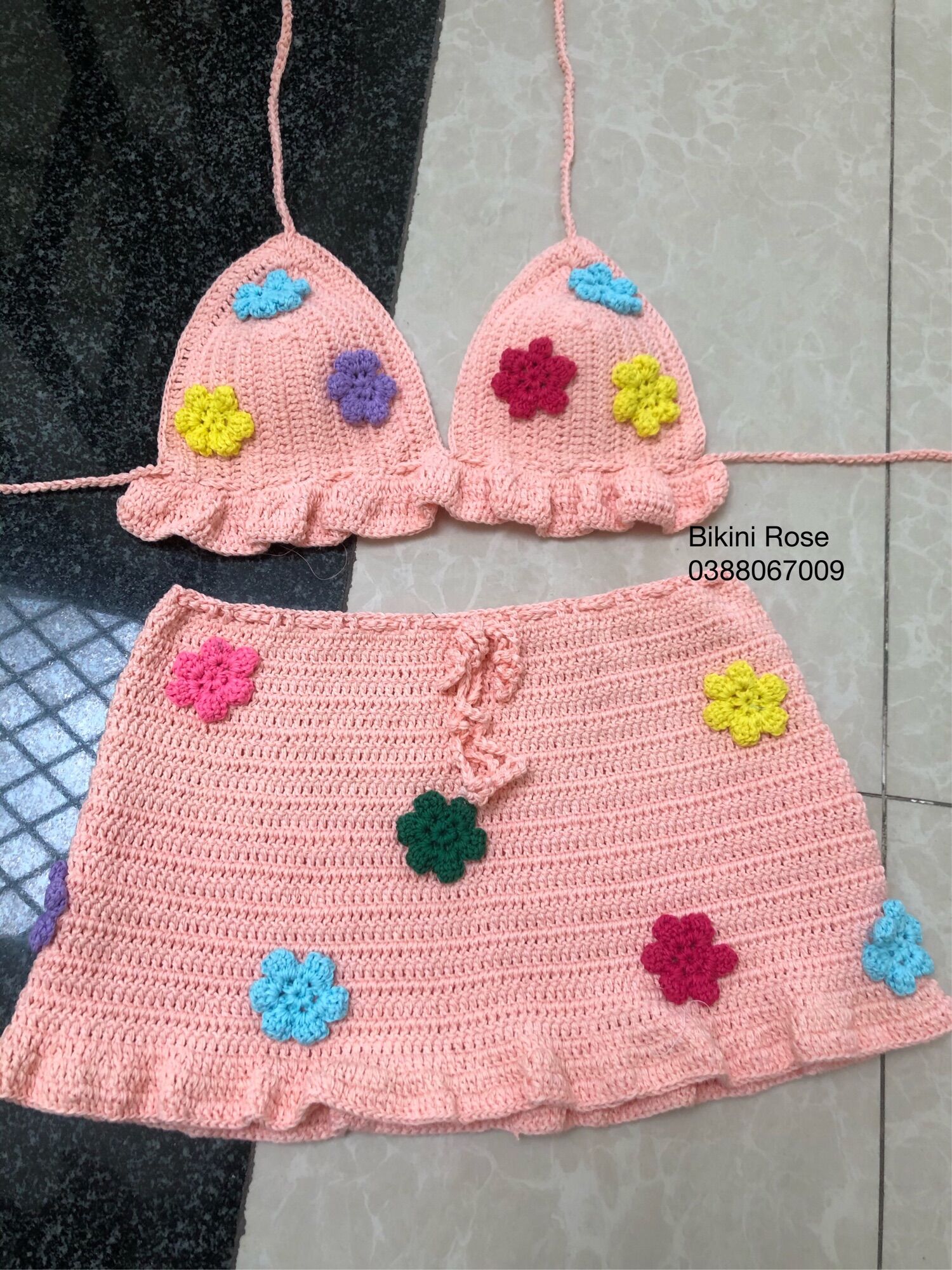 Sét len móc màu hồng cam handmade