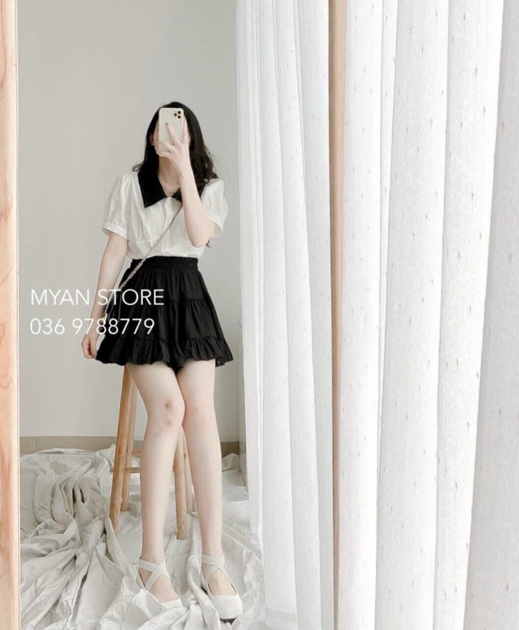Set bộ chân váy tầng + áo sơ mi phối cổ