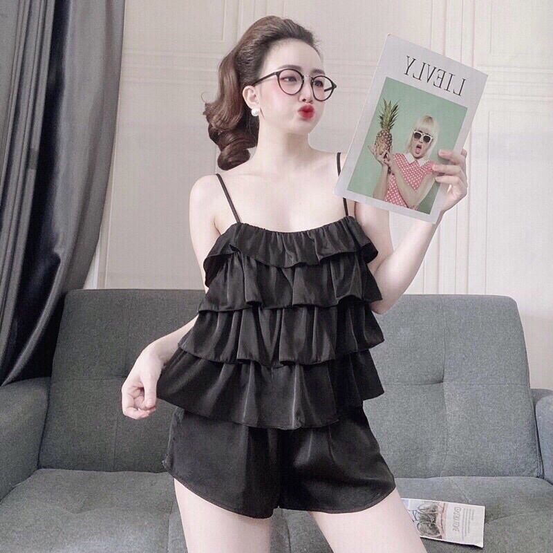 Bộ ngủ nữ 2 dây 4 tầng bèo chất lụa satin