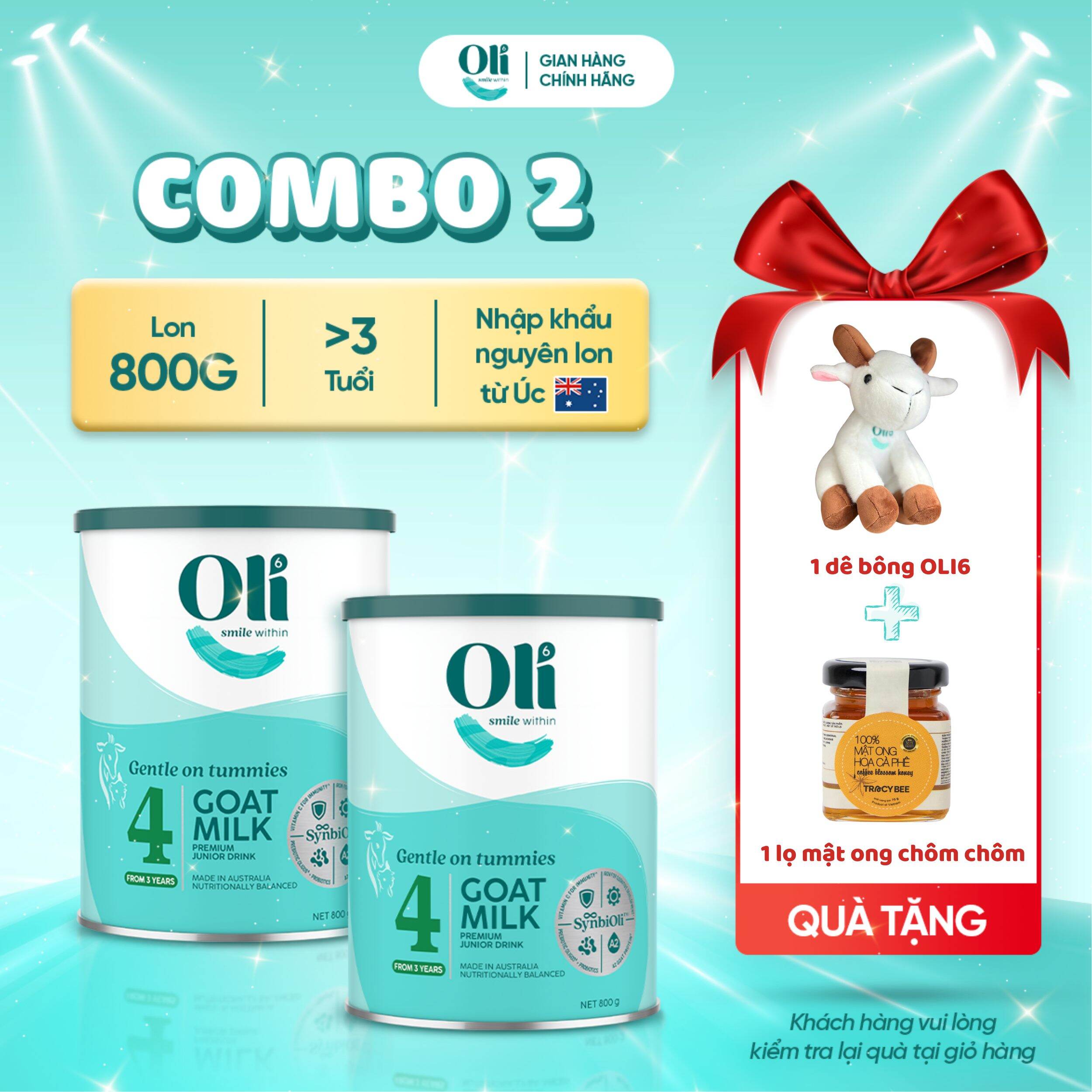 Combo 2 lon Sữa Dê Công Thức Nguyên Kem Đạm A2 Oli6 Số 4 (800g) – Bổ Sung BB536, Êm Bụng, Dễ Tiêu Hó