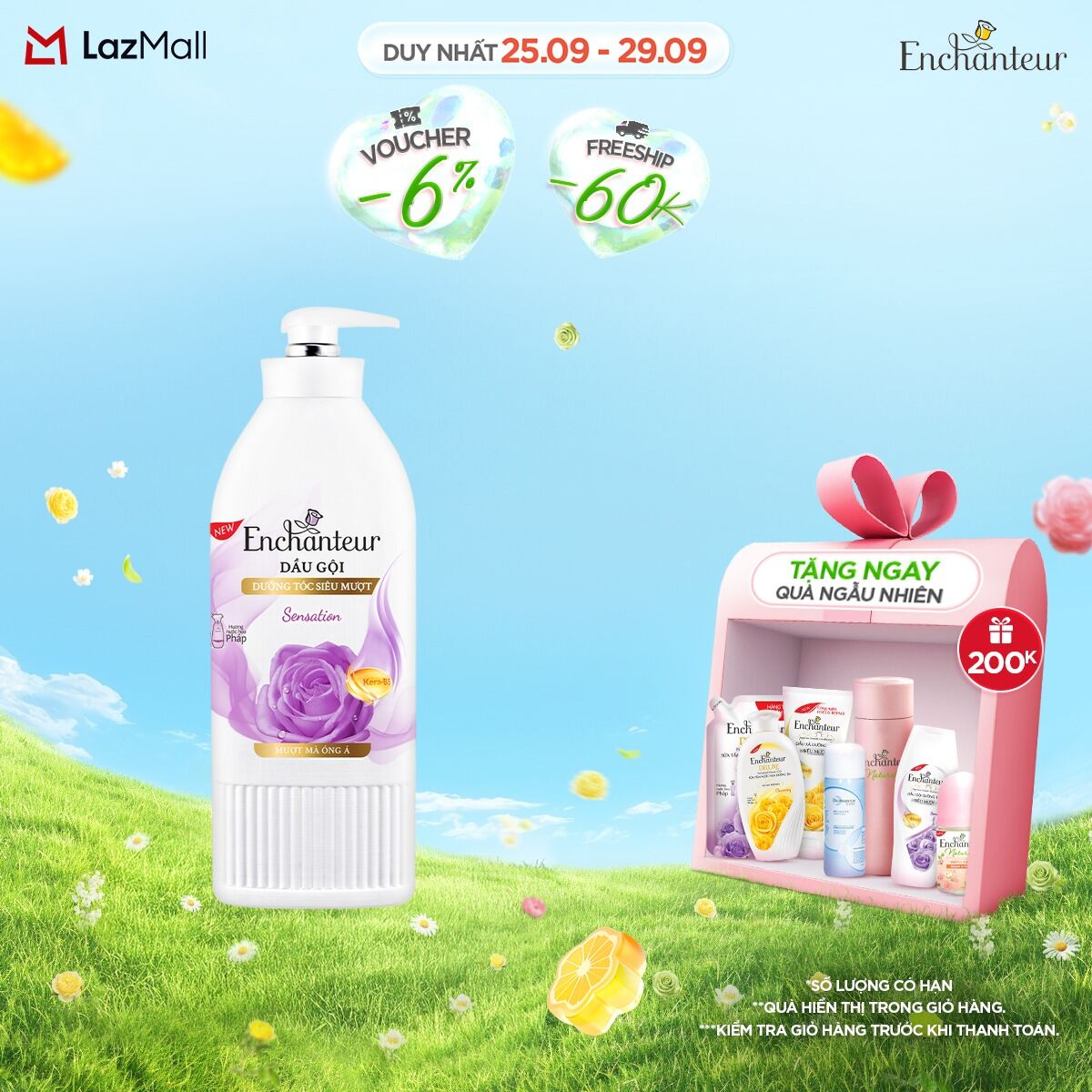 Dầu gội dưỡng tóc siêu mượt Enchanteur Charming/Sensation Keratin 650g