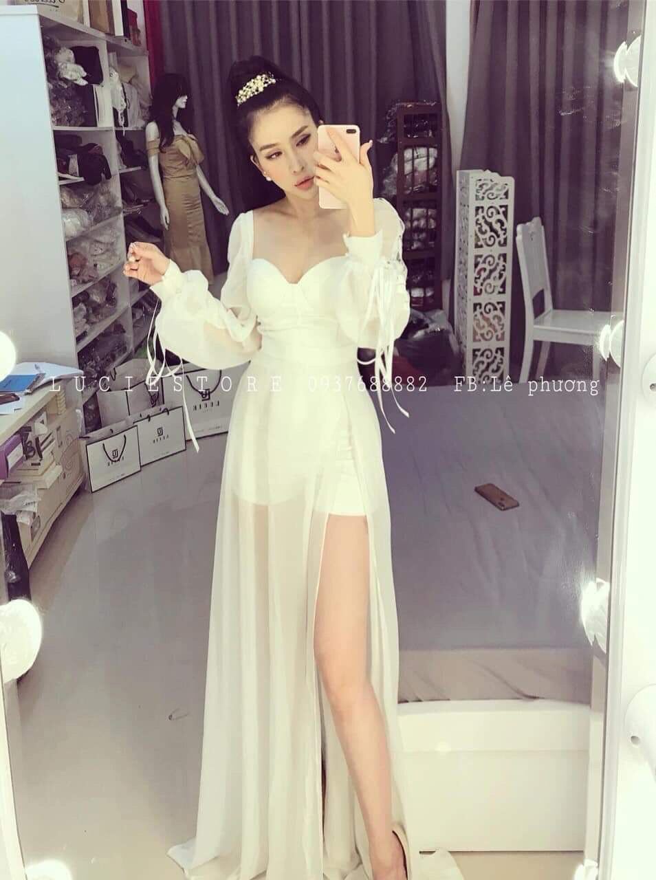 Jum Maxi Phối Voan Cổ U Xẻ Tà