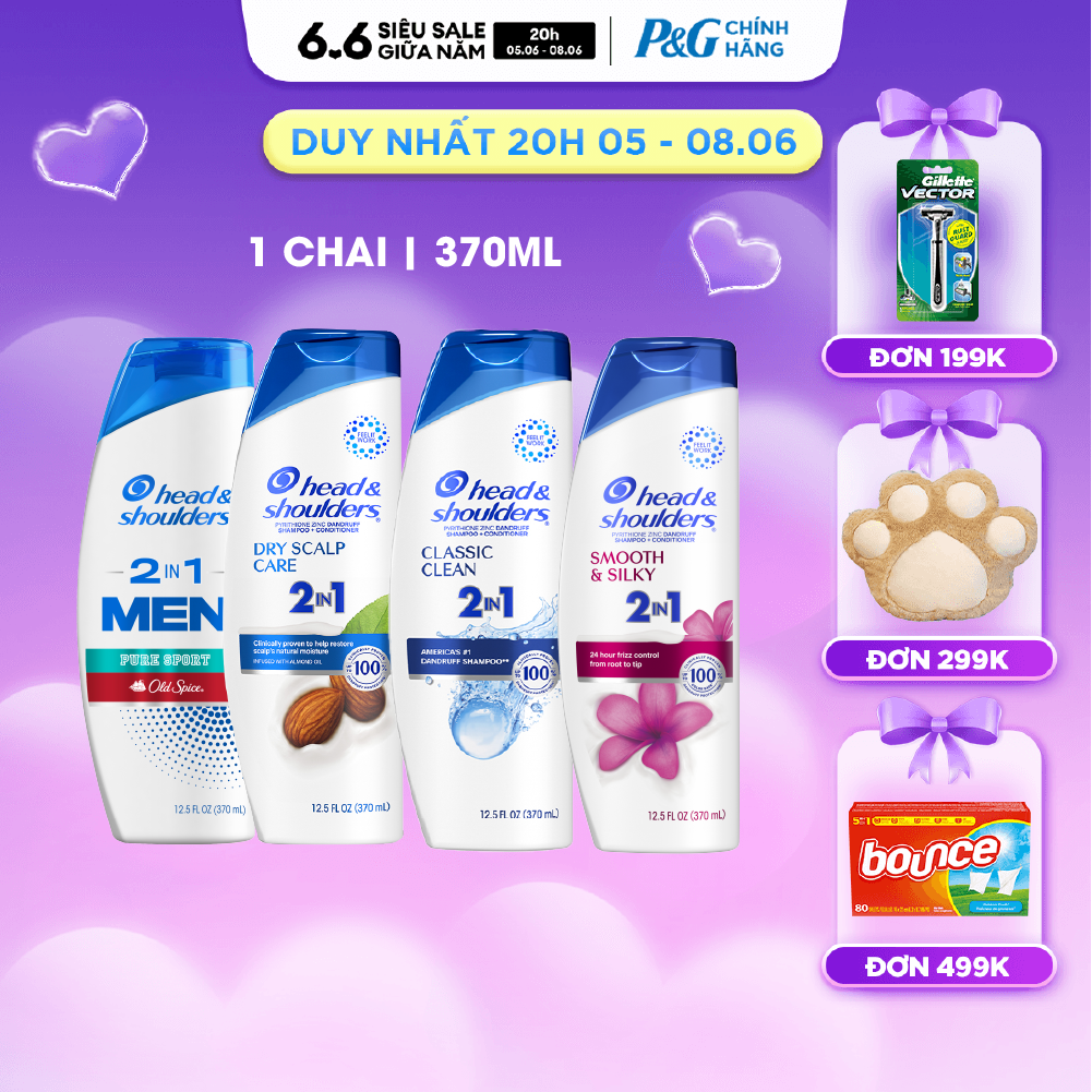 Dầu Gội Xả HEAD  SHOULDERS Nhập Khẩu Mỹ Sạch Gàu 2IN1 Hương Dry Scalp Care/ Pure Sport/ Smooth  Silky/ Classic Clean Chai 370ML