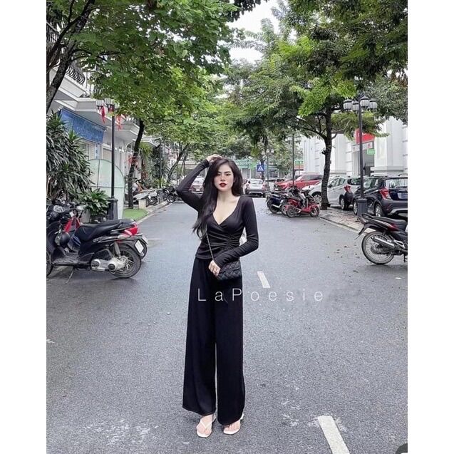 Set bộ quần suông áo dài tay cổ tim dây rút thun mango có size to