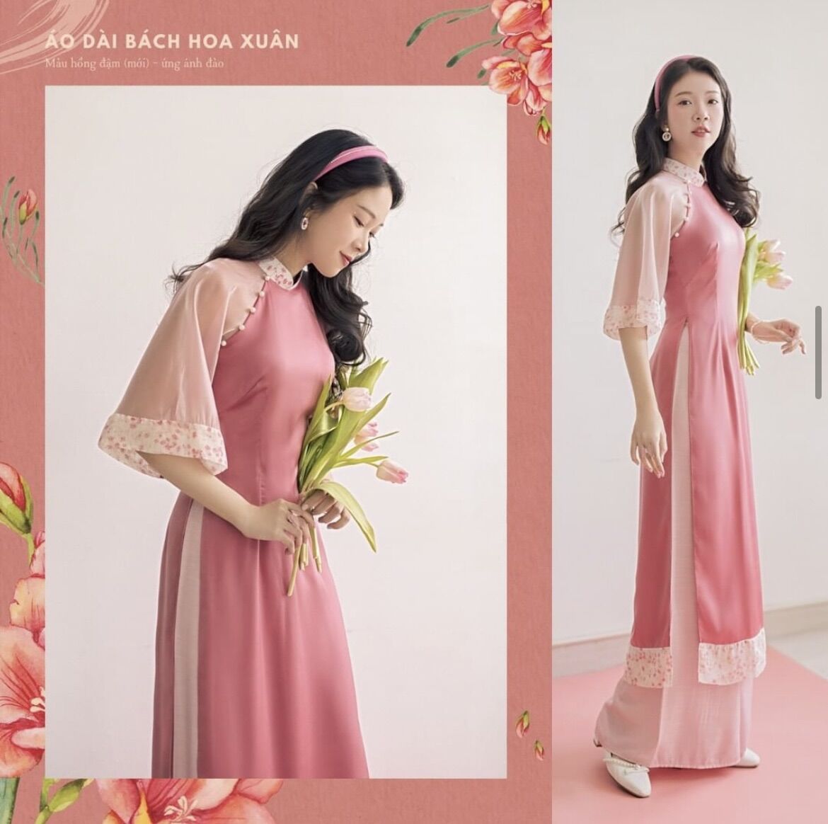 Áo dài cách tân lụa phối hoa nhí cách điệu _áo dài may sẵn nhã phương