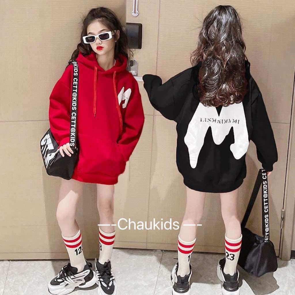 Áo hoodie chữ m cho bé 15-55kg, áo nỉ có mũ bé gái, bé trai 2-15 tuổi