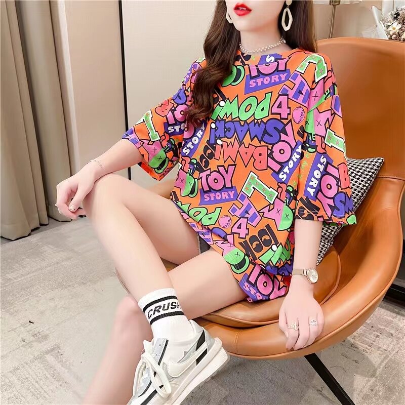 Áo Thun Cộc Tay Dáng Dài Vừa Nữ Mẫu Mới Mùa Hè 2021 Hàng Châu Âu Thương Hiệu Sành Điệu Siêu Hot Kiểu In Họa Tiết Chữ Cỡ Lớn Rộng Rãi CEC