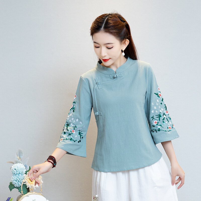 Retro Dân Tộc Cotton, Vải Bông Vải Lanh Áo Sơ Mi Thêu Nữ Quần Áo Trà Phong Cách Trung Hoa Có Nút Zen意 Áo Trang Phục Nữ Thời Trang Mùa Hè