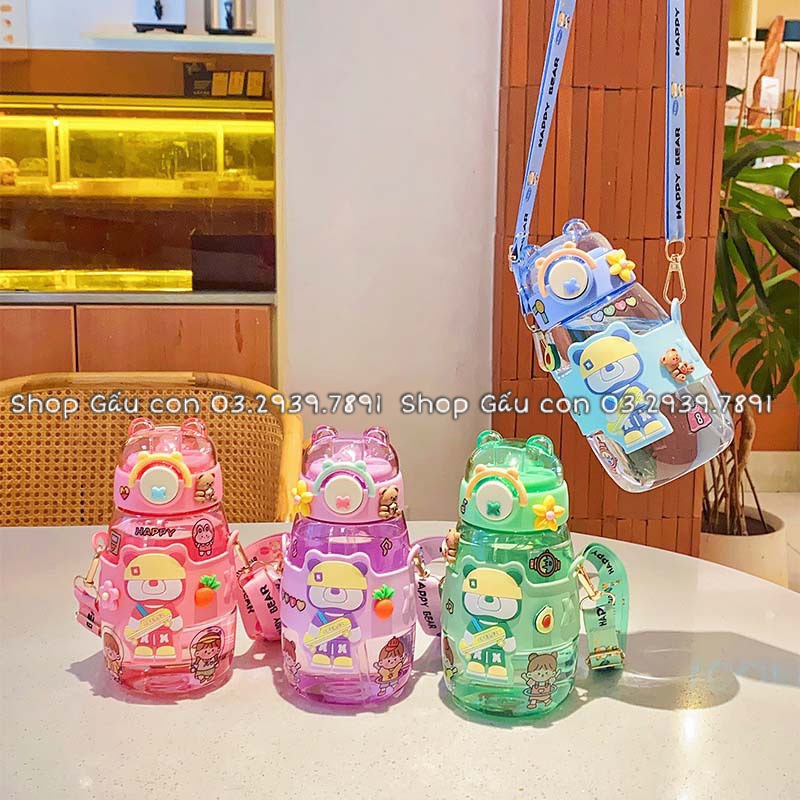 Bình nước Gấu 600ml ống hút tặng kèm sticker
