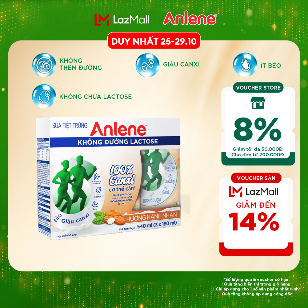 Lốc 3 hộp sữa Anlene không đường Lactose vị hạnh nhân 180ml