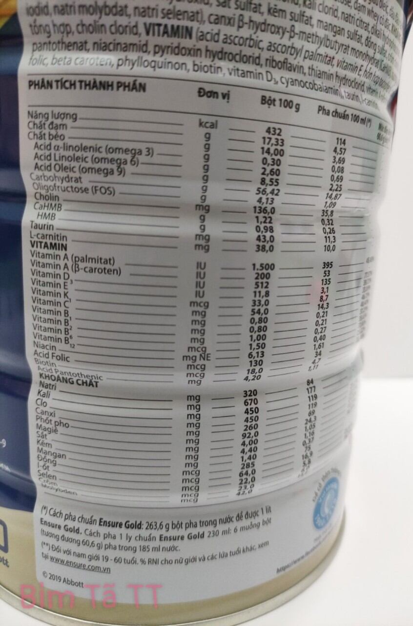 Sữa Ensure Gold vani/hạnh nhân/lúa mạch/cà phê 850g date mới nhất 2024