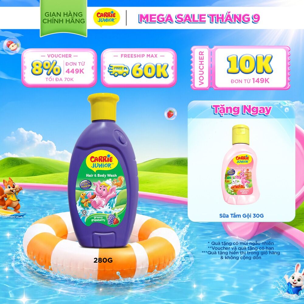Sữa tắm Gội cho bé Carrie Junior chiết xuất trái cây thiên nhiên hương Grapeberry 280g