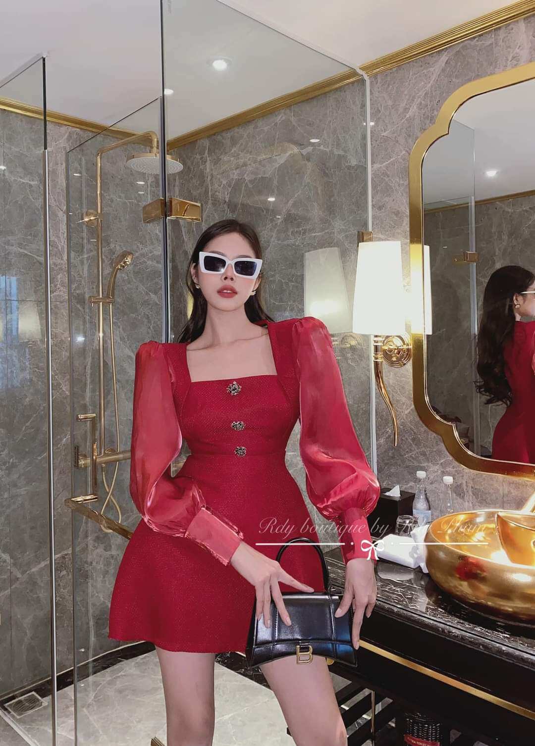 Đầm chữ A tay phồng phối voan siêu sang (kèm ảnh chụp thật,)