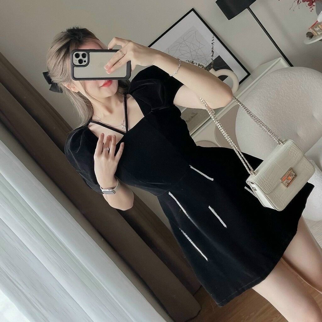 (SHOP BIGSIZE NỮ 50KG ĐẾN 90KG) đầm nhung ngắn thiết kế tay phồng