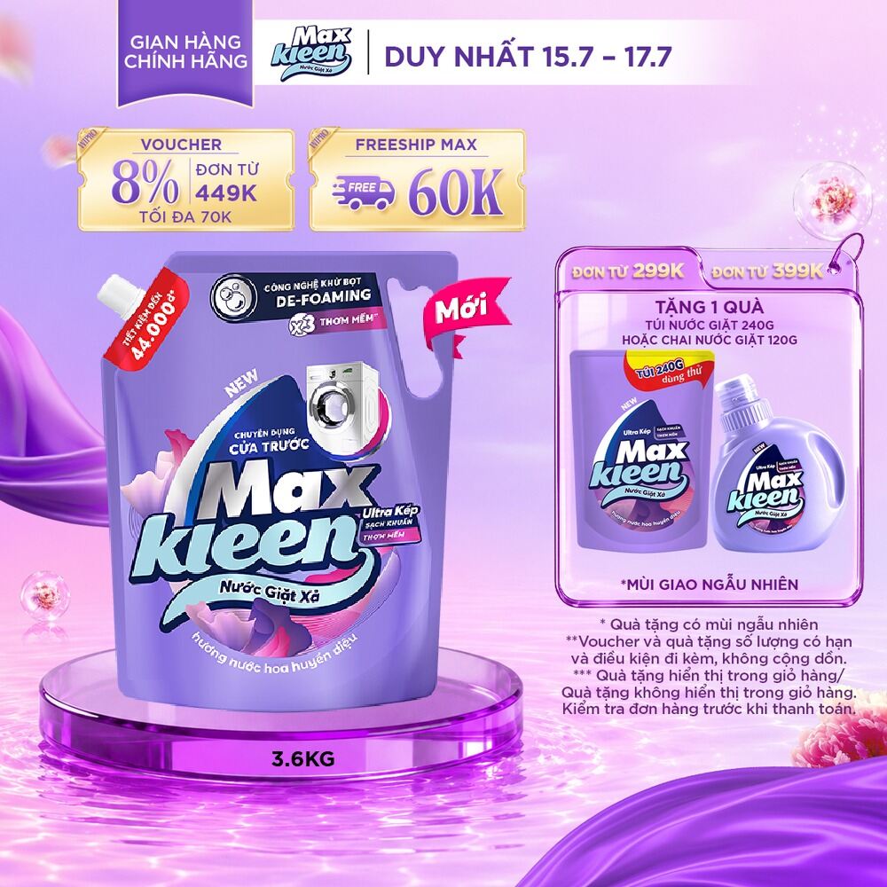 Nước giặt xả cho máy giặt cửa trước MaxKleen hương Huyền Diệu 3.6kg