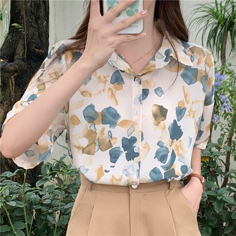 Họa Tiết Hoa Tay Ngắn Cotton Mỏng Áo Sơ Mi Nữ 2023 Phong Cách Mới Giảm Béo Vintage Phong Cách Hồng K
