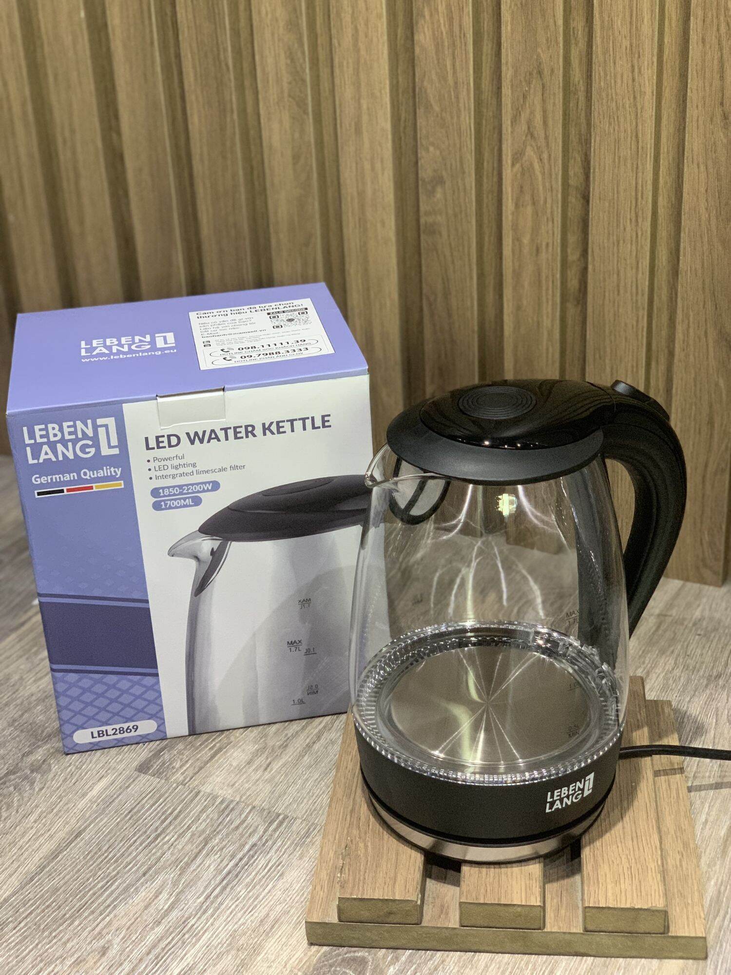 Ấm siêu tốc thuỷ tinh Lebenlang Đức 1.7L