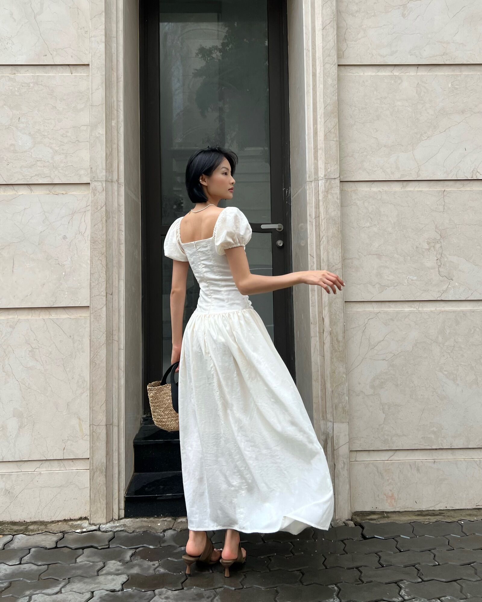 SAP-Đầm tay phồng linen xếp ly