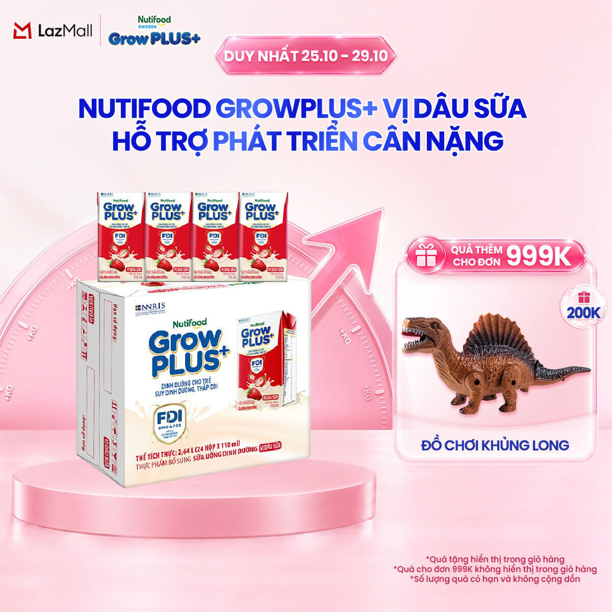 Thùng 24 hộp Sữa bột pha sẵn Nutifood GrowPLUS+ Vị Dâu Sữa hộp 110ml - Hỗ trợ phát triển cân nặng - (24 hộp x 110ml)