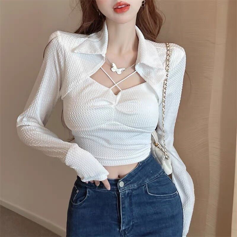 Áo tay dài cổ bẻ phối dây yếm nhỏ CBYM