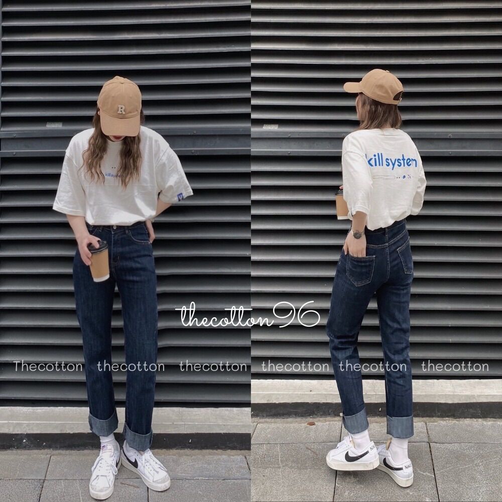 Quần bò gập gấu co giãn hàn quốc quần jeans nữ xanh đậm lưng cao thecotton